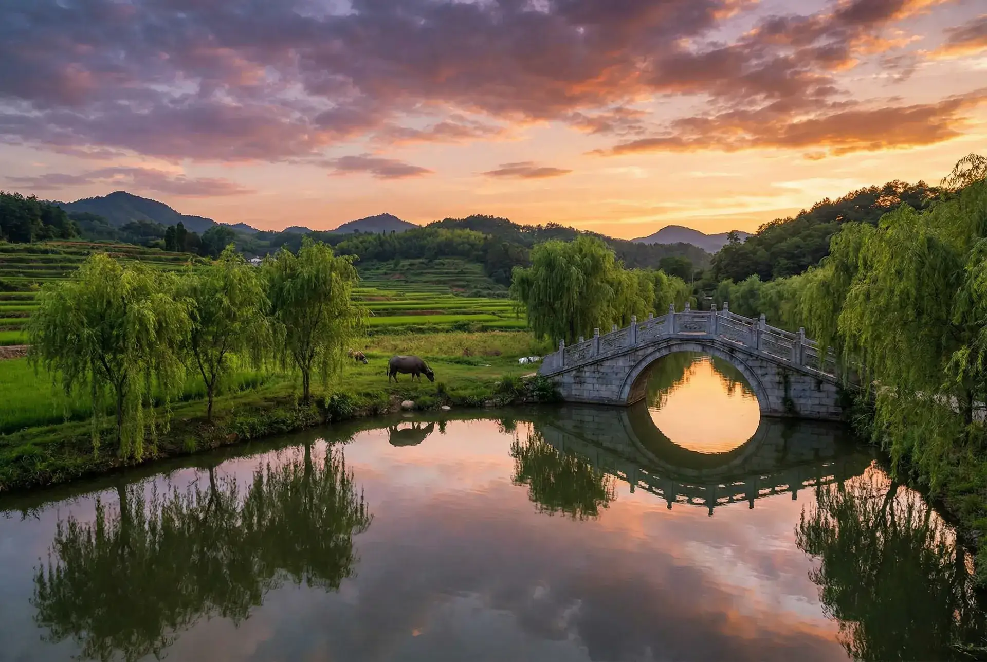 夕阳下的石拱桥与垂柳，水牛在河边吃草 - 北川曈 乡村美景